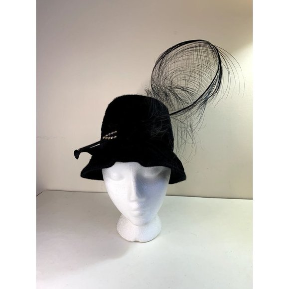 Vintage 40s Wool Cloche Bell Hat Velvet Trim Feather Black main image 4